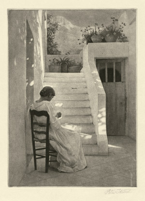 Lot 5509, Auction  102, Ilsted, Peter, Nähendes Mädchen im Schatten einer italienischen Villa