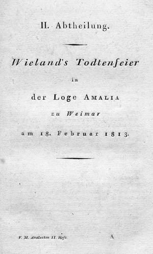 Lot 534, Auction  103, Wieland's Todtenfeier, in der Loge Amalia zu Weimar am 18. Februar 1813