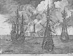 Lot 5597, Auction  104, Bruegel, Pieter d. Ä. - nach, Ein Viermaster und zwei Dreimaster vor Anker bei einer befestigten Insel mit Leuchtturm