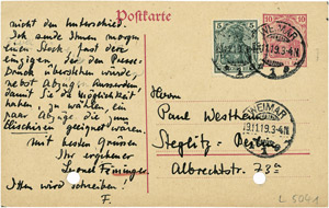 Lot 2326, Auction  106, Feininger, Lyonel, Postkarte 1919 an Paul Westheim