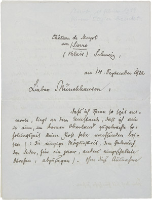 Lot 2061, Auction  107, Rilke, Rainer Maria, Brief 1922 an Börries von Münchhausen