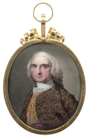 Lot 6835, Auction  110, Englisch, um 1740. Herr im dunkelbraunen Brokatrock mit violetter Weste