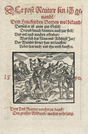 Lot 583, Auction  112, Rollenhagen, Georg, Der post Reutter bin ich genandt, Dem Hinckenden Bothen wol bekand. 
