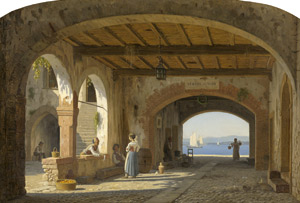 Lot 6135, Auction  112, Kornbeck, Johan Peter, Süditalienische Hofszene mit Weinverkauf und Ausblick auf den Hafen