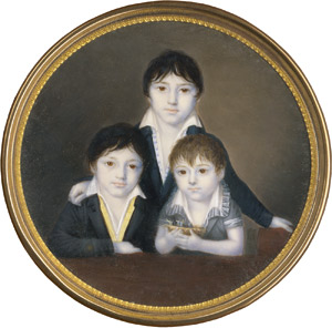 Lot 6864, Auction  112, Bossyo, F., Gruppenbildnis von drei Kindern, das jüngste ein Nest mit Vögeln haltend.