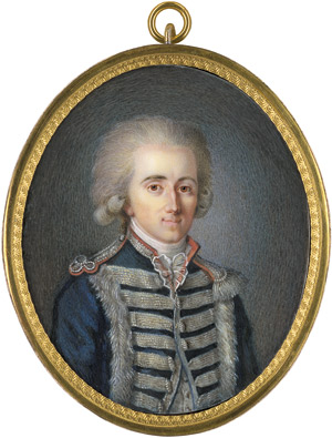 Lot 6883, Auction  112, Französisch, 1786-1791. Bildnis eines jungen" capitaine-commandant" des französischen "Royal-Allemand" Kavallerieregiments in silberbestickter blauer Uniform besetzt mit hellgrauem Pelz.