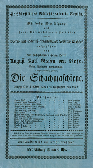 Lot 413, Auction  113, Theaterzettel Teplitz, Die Schachmaschine. Lustspiel in 4 Akten.