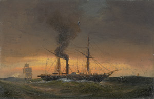 Lot 6067, Auction  114, Melbye, Vilhelm, Dreimaster auf Hoher See bei Unwetter; Dampfschiff auf hoher See Im Morgenrot
