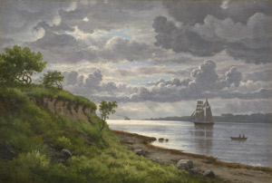 Lot 6115, Auction  114, Bertelsen, Christian Bernhard Severin, Küstenlandschaft mit Segelboot vor Svendborg
