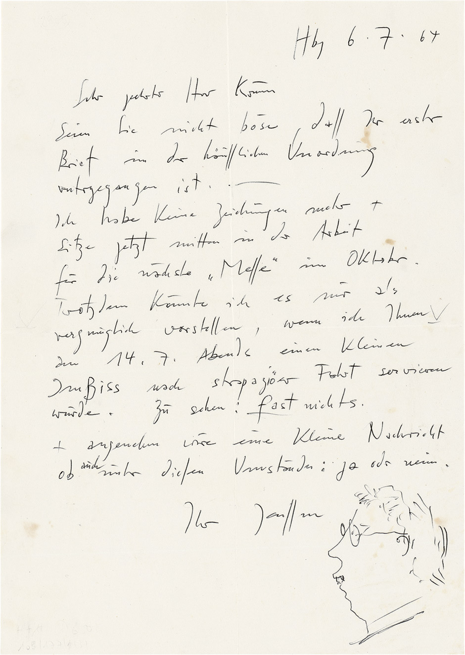 Lot 2728, Auction  115, Janssen, Horst, Brief und Postkarte 1964