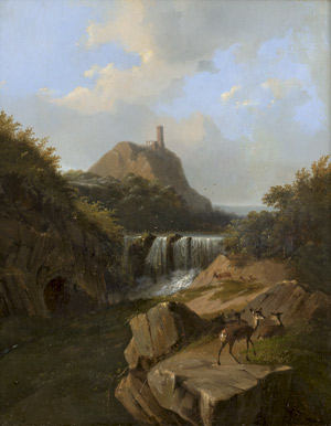 Lot 6082, Auction  115, Knip, August, Wasserfall in einer Felsschlucht mit Rehen