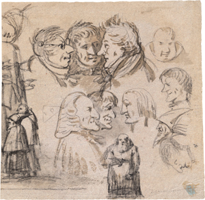 Lot 6336, Auction  116, Gauermann, Friedrich, Studienblatt mit Karikaturen: Männliche Köpfe und Mönche