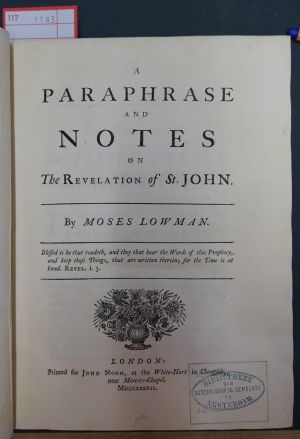 Lot 1143, Auction  117, Lowman, Moses, A Paraphrase and Notes on the Revelation of St. John