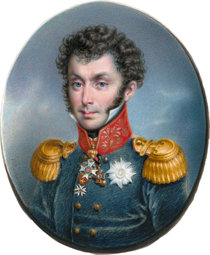 Lot 6040, Auction  117, Pöhacker, Leopold Joseph, Bildnis des Karlsruhischen Garnisonskommandanten Karl von Francken (1774-1828), in dunkelblauer Uniform mitgoldbestickem rotem Kragen, goldfarbigen Epauletten, dekoriert mit zahlreichen Orden, vor Wolken. Unten links signiert und datiert "Pöhacker 1814.".