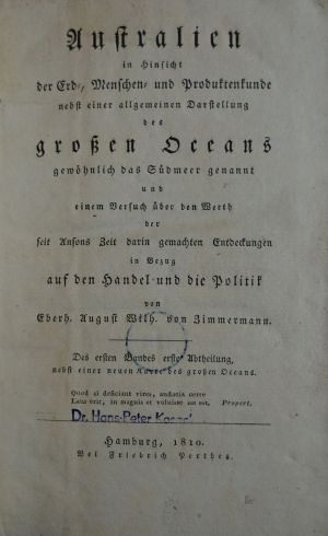 Lot 43, Auction  118, Zimmermann, Eberhard August Wilhelm von, Australien in Hinsicht der Erd-, Menschen und Produktenkunde