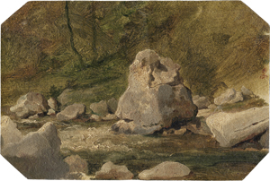 Lot 6739, Auction  118, Deutsch, 19. Jh. Kleiner Waldbach mit Felsbrocken