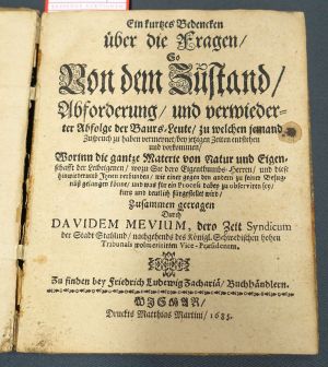 Lot 527, Auction  119, Mevius, David, Ein kurtzes Bedencken über die Fragen