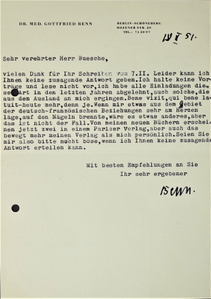 Lot 2354, Auction  121, Benn, Gottfried, Brief 1951