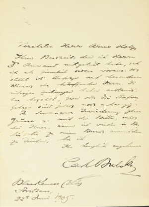 Lot 2360, Auction  121, Bulcke, Carl, Brief 1905 an Arno Holz