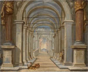 Lot 6035, Auction  121, Italienisch, Mitte 18. Jh. Ideale italienische Palastarchitektur. Verso: Ideale hügelige Flusslandschaft mit Rundturm und Staffage