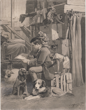 Lot 6862, Auction  121, Allers, Christian Wilhelm, Selbstporträt des Künstlers in Benoit Ahlers Affentheater zeichnend