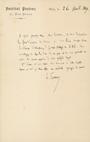 Lot 2367, Auction  122, Pasteur, Louis, Brief 1890