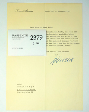 Lot 2379, Auction  122, Adenauer, Konrad, Brief + Beigabe Theodor Heuss