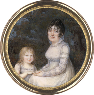 Lot 6540, Auction  122, Corbet, Édouard Joseph, Miniatur Doppel Portrait einer jungen Frau in Weiß mit kleinem Kind in Landschaft