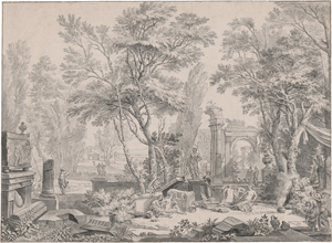Lot 6674, Auction  122, Moucheron, Isaac de, Arkadische Landschaft mit rastenden Figuren zwischen Palastruinen