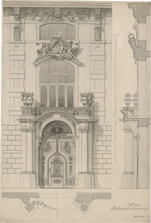 Lot 6800, Auction  122, Grüner, Oskar, Palais Lobkowitz in Wien: Ansicht und Querschnitt der Fassade mit dem Portal