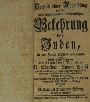 Lot 478, Auction  123, Fehre, Samuel Benjamin, Versuch einer Abhandlung von der noch bevorstehenden Bekehrung der Juden