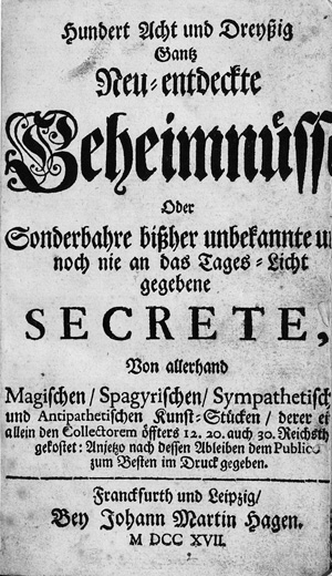 Lot 452, Auction  125, Hundert acht und dreyßig gantz neu-entdeckte Geheimnüsse, oder Sonderbahre bißher unbekannte und noch nie an das Tages-Licht gegebene Secrete. Frankfurt und Leipzig, Johann M. Hagen, 1717