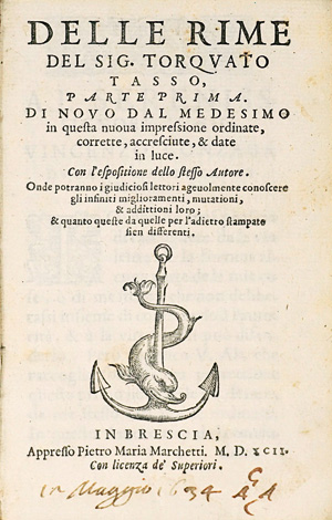 Lot 787, Auction  125, Tasso, Torquato, Delle rime. Brescia, Pietro M. Marchetti, 1592-1593