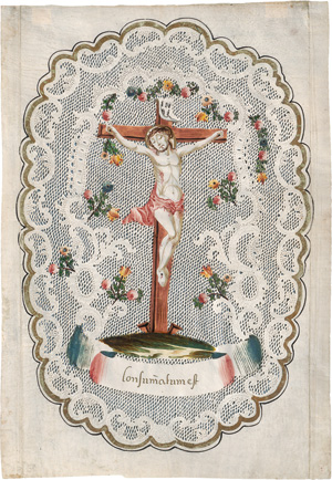 Lot 1836, Auction  125, Gekreuzigte, Der, Consummatum est. Niederlande um 1750. Spitzenbillet mit Golderhöhung