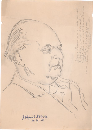 Lot 2002, Auction  125, Benn, Gottfried, Signierte Bleistift-Porträtzeichnung. 1950 + Beigaben