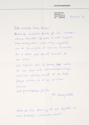 Lot 2031, Auction  125, Kempowski, Walter, Brief an eine Archiv-Spenderin. 1993