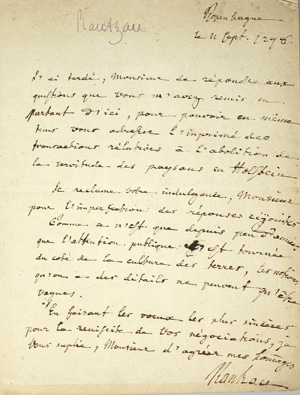 Lot 2106, Auction  125, Kiel.- Rantzau, Christian Detlev Karl zu, Brief über Leibeigenschaft in Holstein