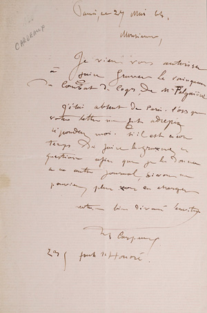 Lot 2124, Auction  125, Carpeaux, Jean-Baptiste, Brief an einen Redakteur. 1864