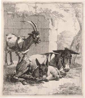 Lot 5679, Auction  125, Roos, Johann Heinrich, Liegender Esel mit Eselfohlen und einer Ziege vor einer Mauer zur Linken