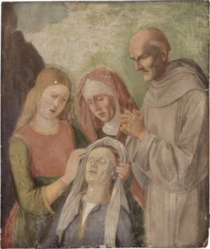 Lot 6006, Auction  125, Deutsch, 1. Hälfte 16. Jh. Maria unter dem Kreuz mit den hll. Johannes, Maria Magdalena und Bernardinus von Siena
