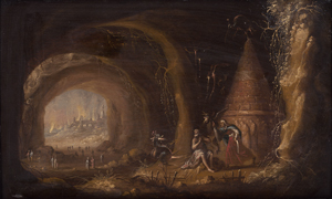 Lot 6016, Auction  125, Troyen, Rombout van, Inneres einer Felsengrotte mit der Versuchung des hl. Antonius und einer vor der Grotte brennenden Stadt
