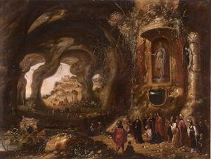 Lot 6017, Auction  125, Troyen, Rombout van, Inneres einer Felsengrotte mit dem predigendem Christus, sowie den hll. Petrus und Johannes