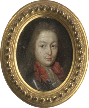 Lot 6313, Auction  125, Europäisch, um 1660. Miniatur Portrait eines Mannes mit langem braunem Haar in Harnisch mit roter Schleife