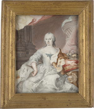Lot 6318, Auction  125, Österreichisch, um 1750. Miniatur Portrait der Kaiserin Maria Theresia mit Kronen rechts im Hintergrund