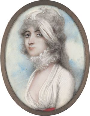 Lot 6344, Auction  125, Plimer, Andrew, Miniatur Portrait einer jungen Frau mit Perlen und weißem Schal in der gepuderten Frisur