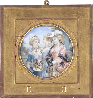 Lot 6349, Auction  125, Französisch, um 1880/1900. Miniatur Gruppen Portrait zweier "Damen" mit Zofe, in Parklandschaft