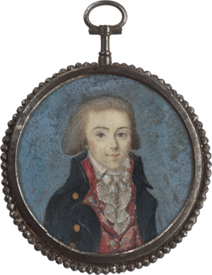 Lot 6357, Auction  125, Französisch, um 1793. Miniatur Portrait eines jungen Mannes in blauer Jacke und bestickter roter Weste