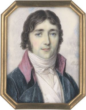 Lot 6360, Auction  125, Boquet, Miniatur Portrait eines schwarzhaarigen jungen Mannes in blaugrüner Jacke mit rosa Kragen