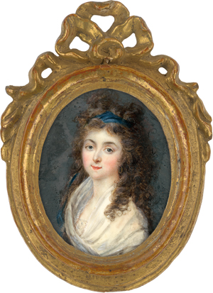 Lot 6364, Auction  125, Guérin, Jean-Urbain, Miniatur Portrait einer jungen Frau mit blauem Band im langen Haar