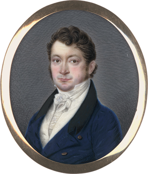 Lot 6417, Auction  125, Deutsch, um 1815/1820. Miniatur Portrait eines jungen Mannes in blauer Jacke mit schwarzem Samtkragen